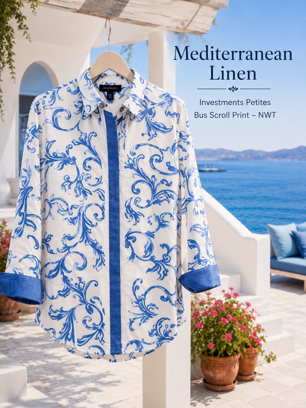 Investments Petites Stretch Linen Button-Down – Blue Scroll Print